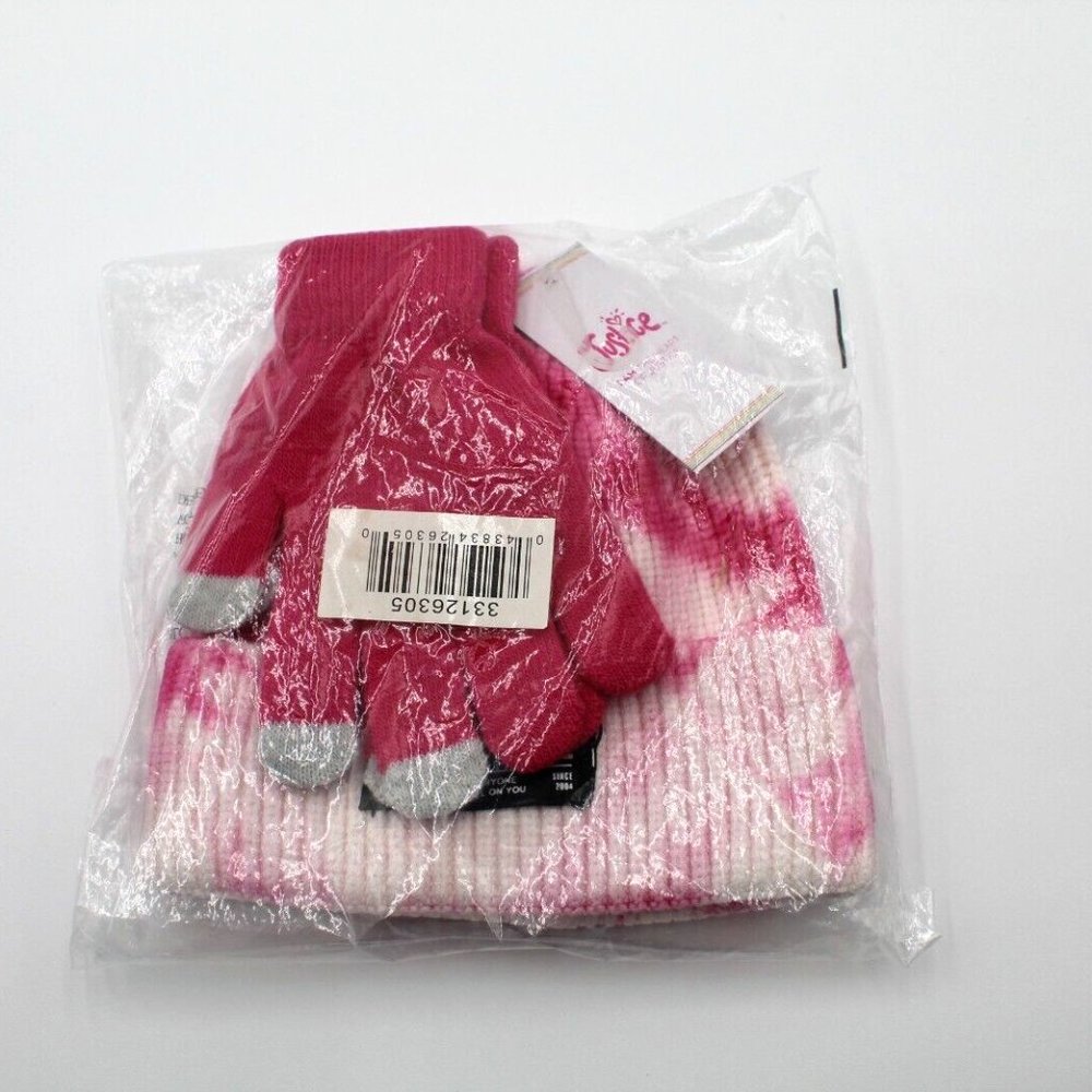 JUSTICE Girls Pink Tie Dye Beanie Hat and Touchscreen Gloves Set One Size NWT